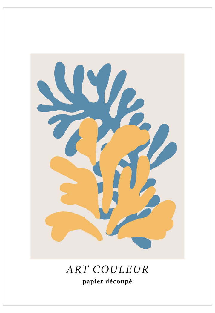 Abstract art print with blue and orange shapes on a beige background, featuring the brand 'Art Couleur'.