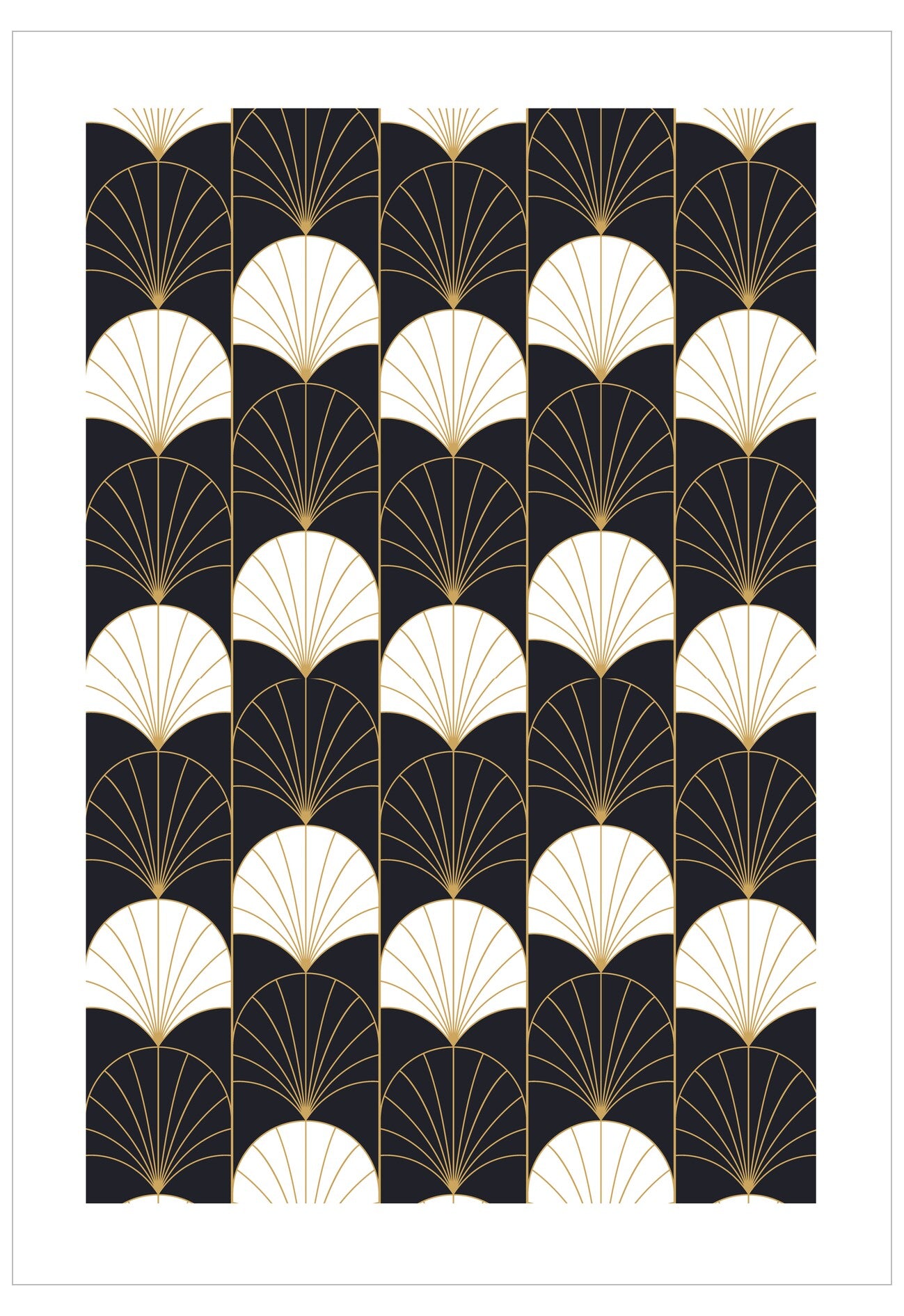 Decorative pattern with white and gold fan shapes on a black background