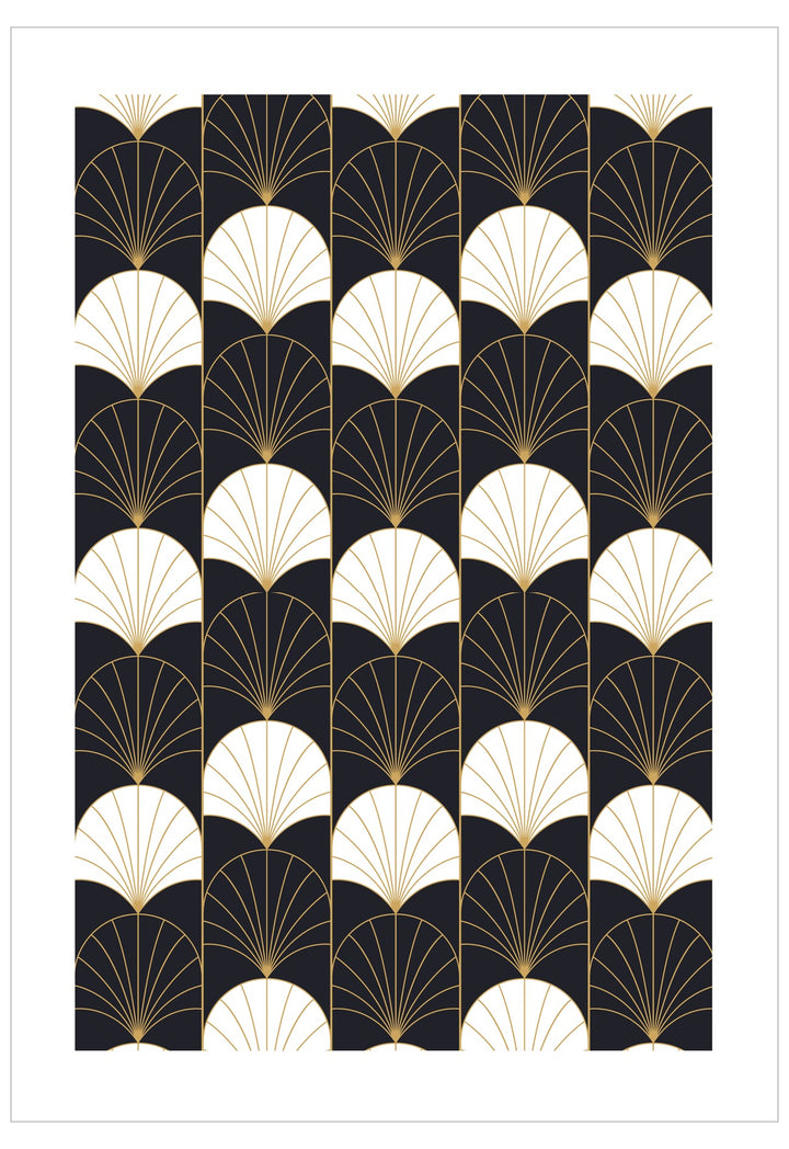 Decorative pattern with white and gold fan shapes on a black background