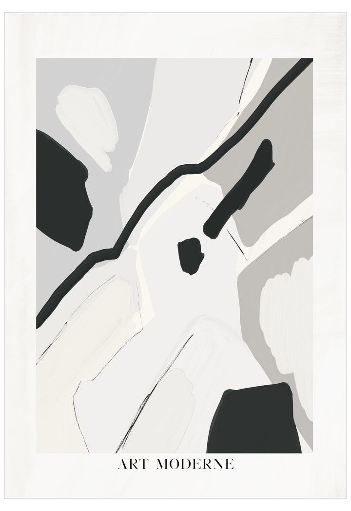 Abstract art piece with black and white lines on a gray background, featuring the text 'Art Moderne'.