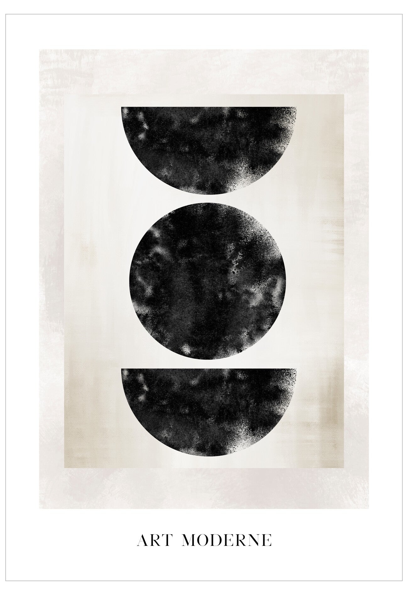 Black and white abstract art print with geometric shapes on a textured background, featuring the text 'Art Moderne'.