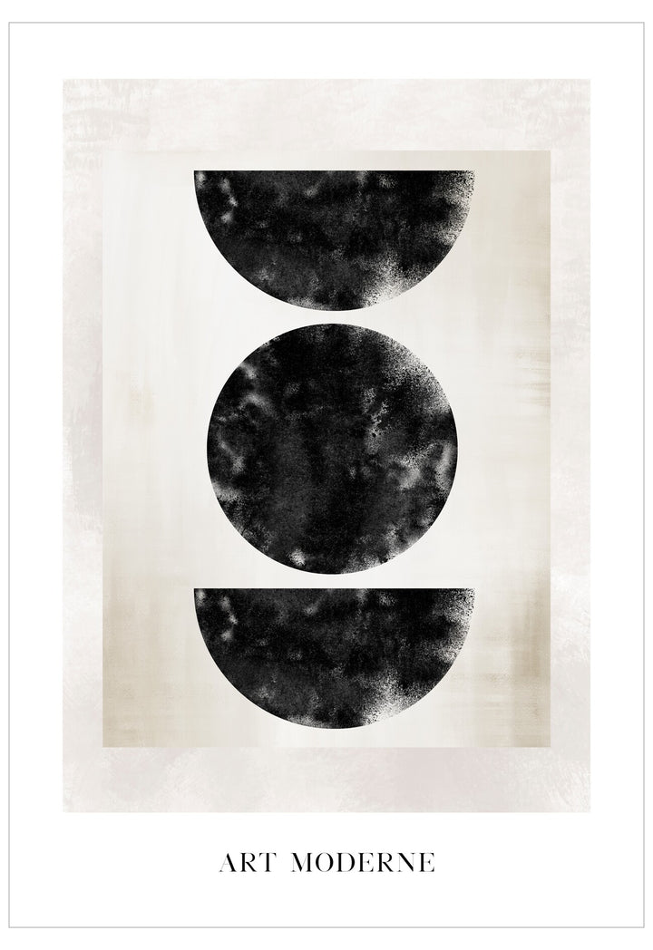 Black and white abstract art print with geometric shapes on a textured background, featuring the text 'Art Moderne'.