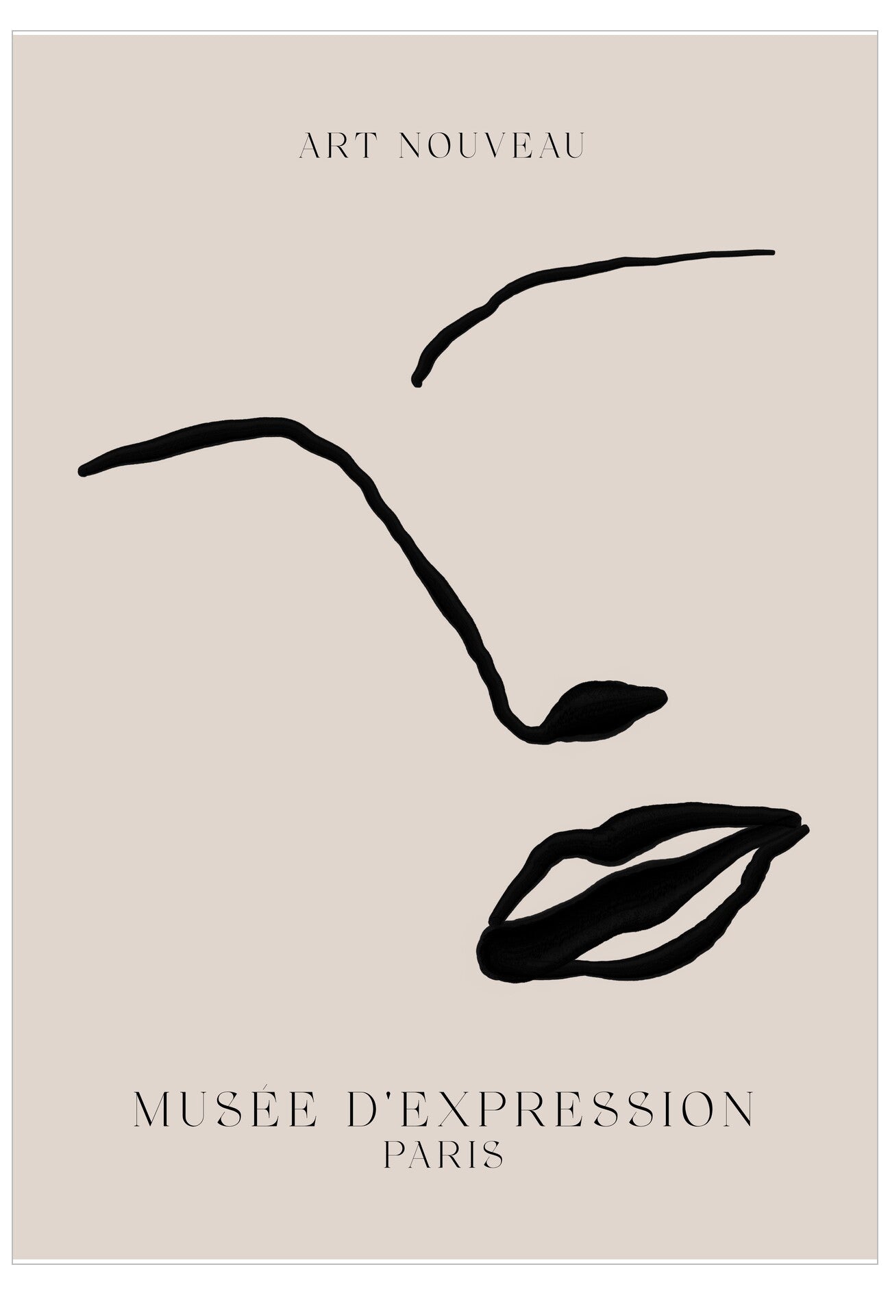 Art Nouveau face design with 'Museée d'Expression Paris' text on a beige background