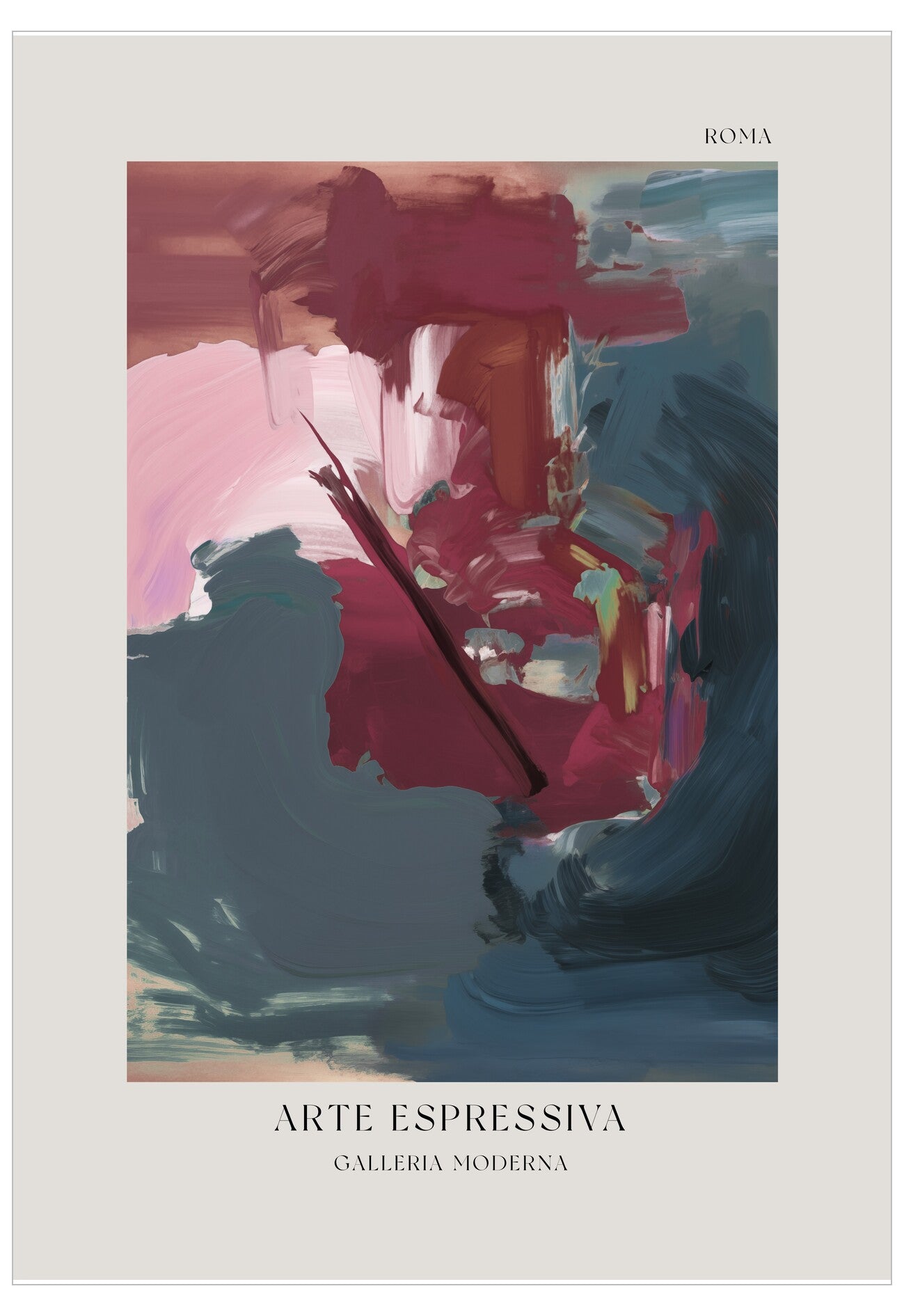 Artistic abstract composition with text 'ARTE ESPRESSIVA' and 'GALLERIA MODERNA' on a light gray background