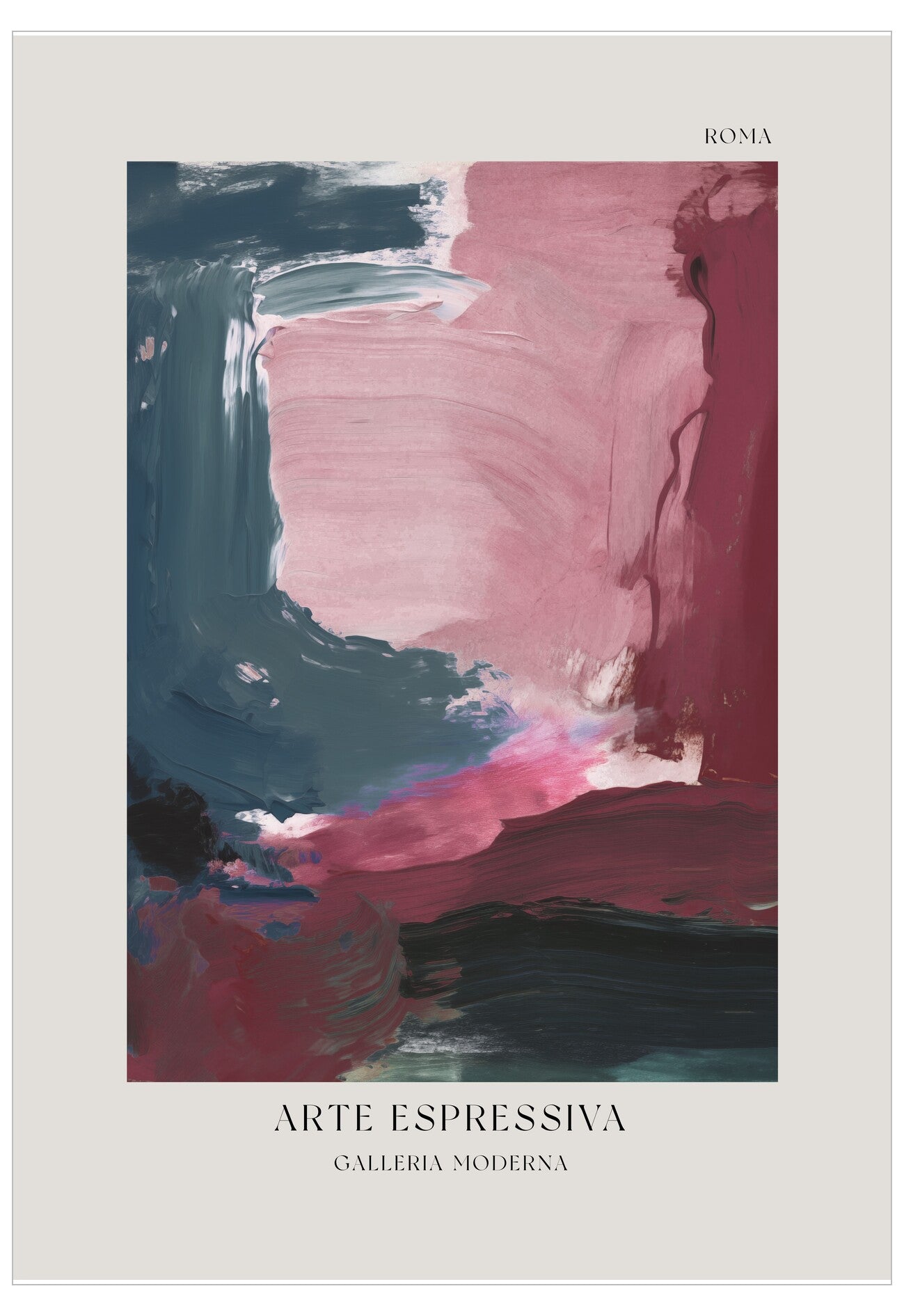 Abstract art piece with pink and blue brush strokes on a white background, featuring 'Arte Espressiva' and 'Galleria Moderna' text.