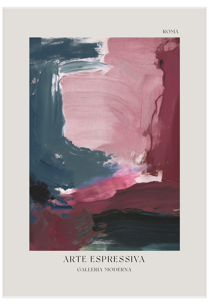 Abstract art piece with pink and blue brush strokes on a white background, featuring 'Arte Espressiva' and 'Galleria Moderna' text.