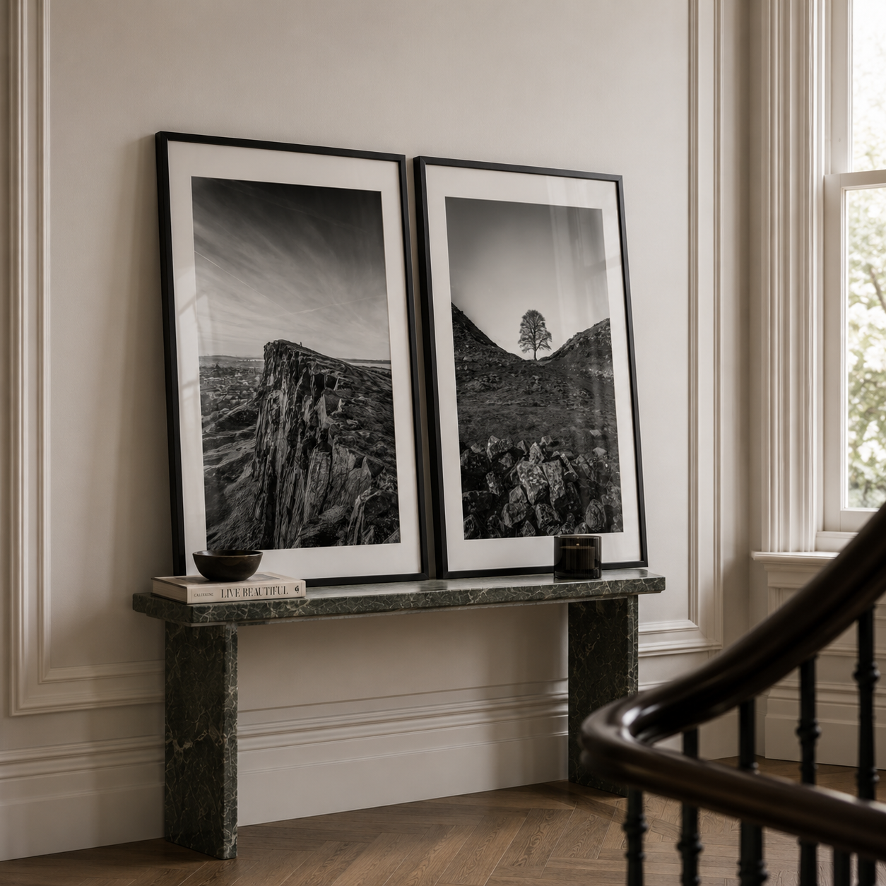 Black and white photography art of Sycamore Gap and Arthur's Seat