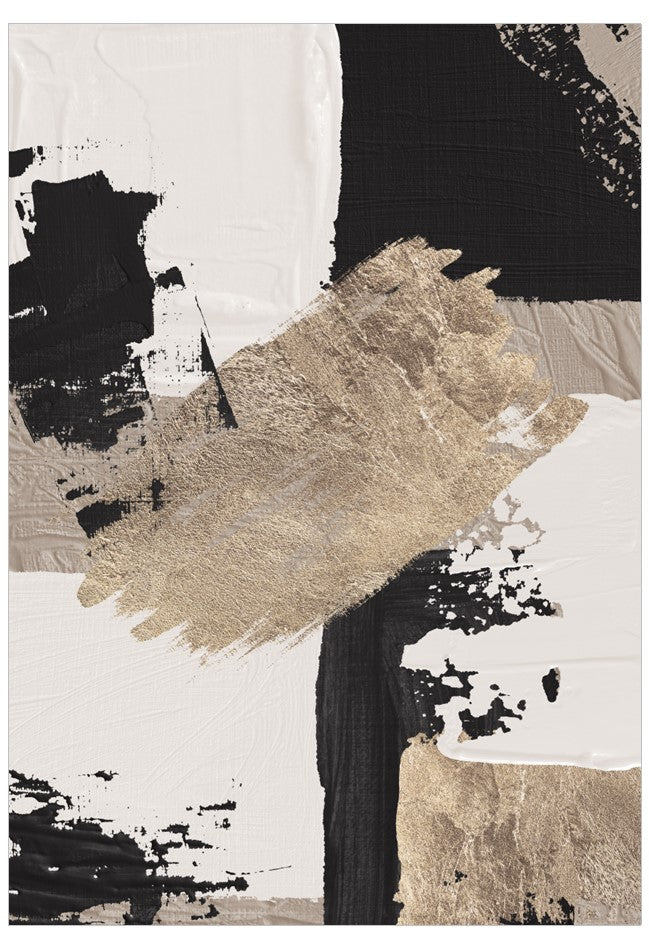 Abstract art piece with black, gold, and white colors on a textured background