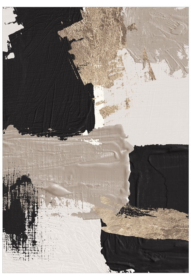 Abstract art piece with black, white, and beige brush strokes