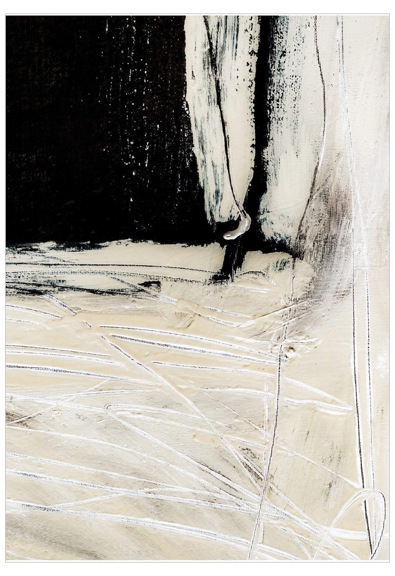 Abstract black and white artwork with brush strokes on a textured background