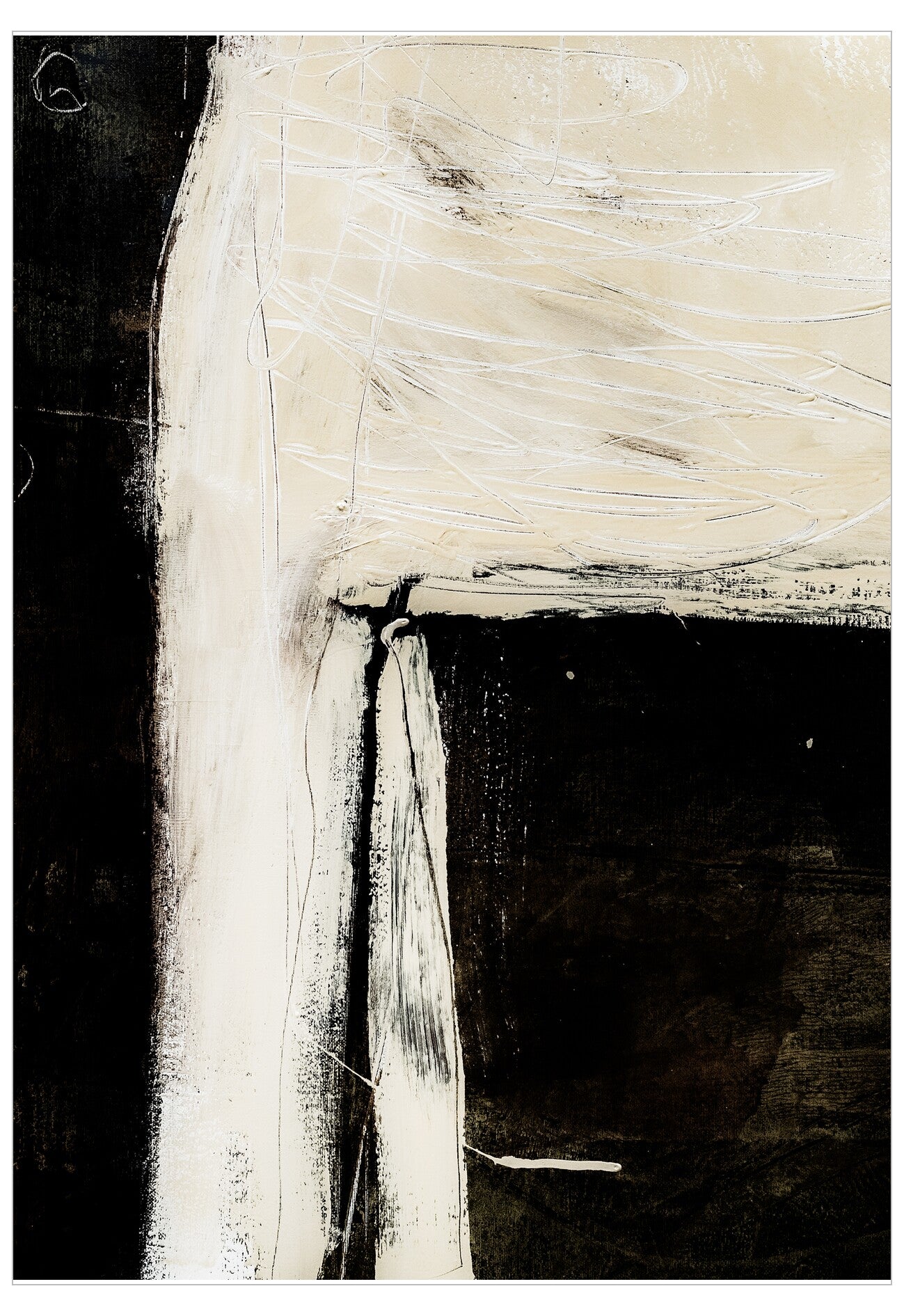 Abstract black and white artwork with a vertical stripe on a textured background