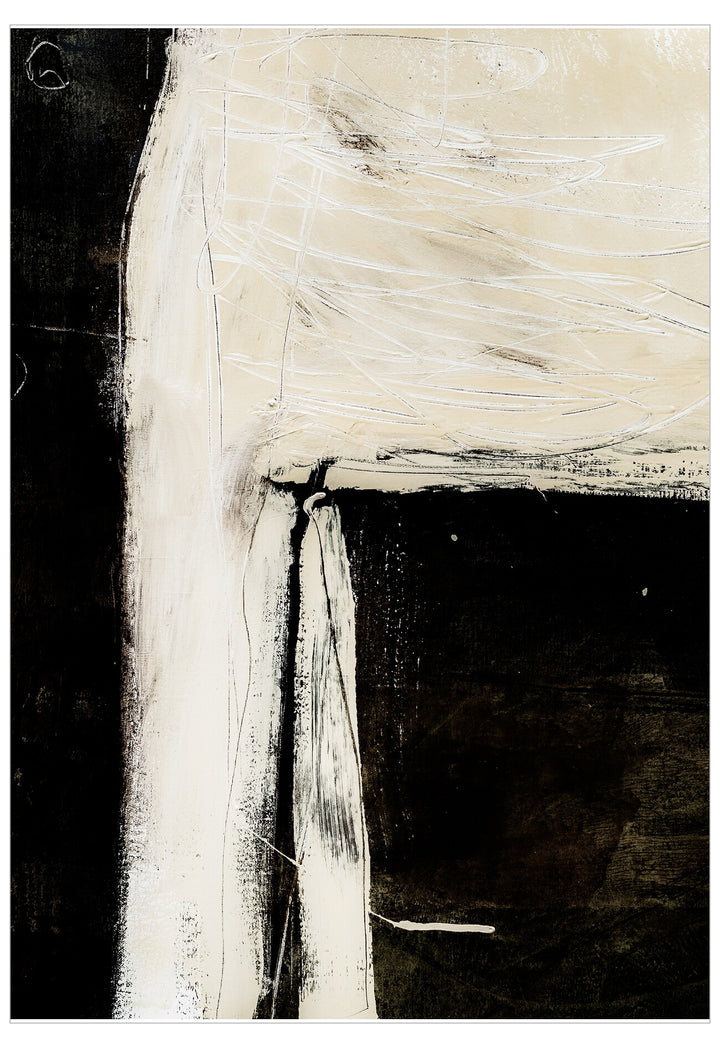 Abstract black and white artwork with a vertical stripe on a textured background