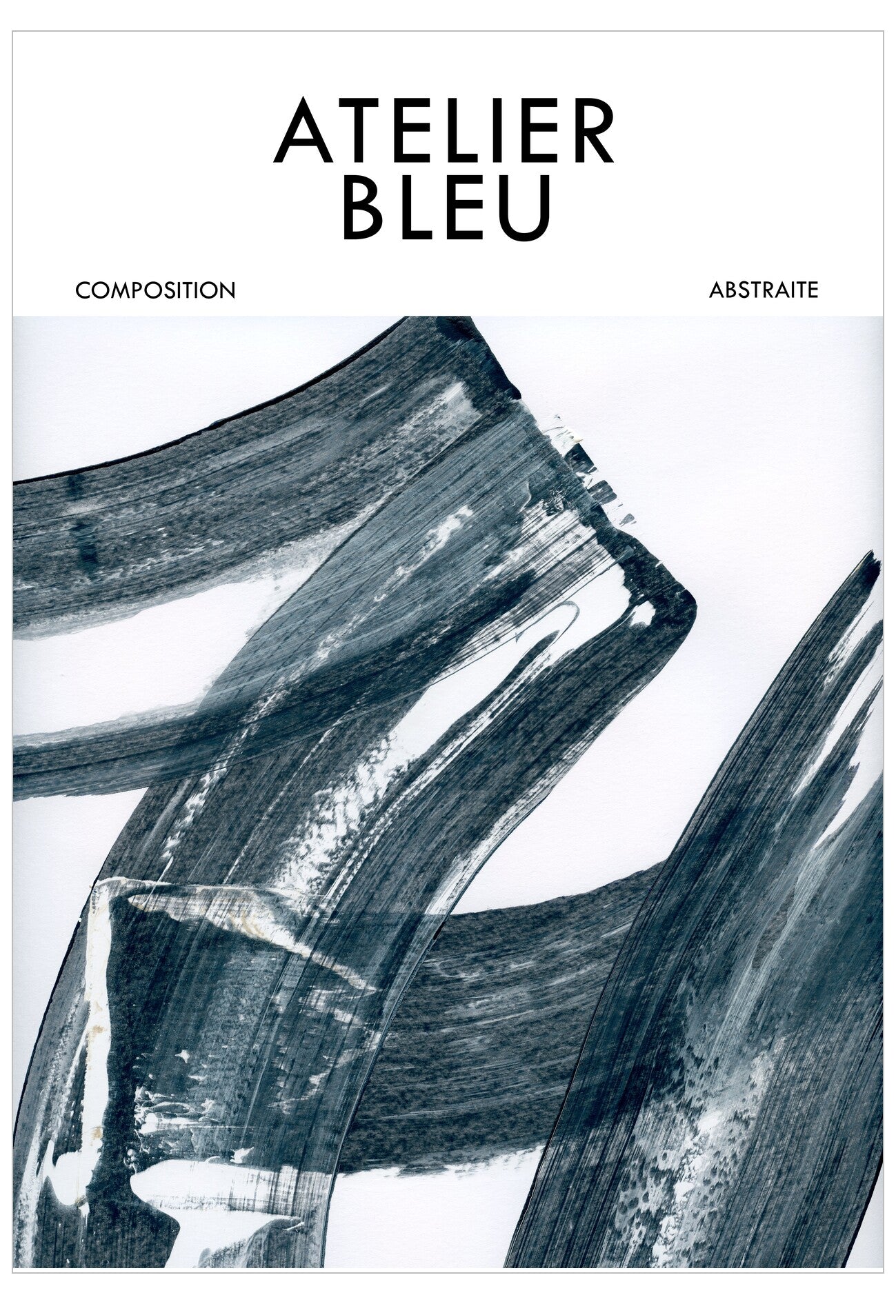 Abstract art with brush strokes and 'Atelier Bleu' branding on a white background