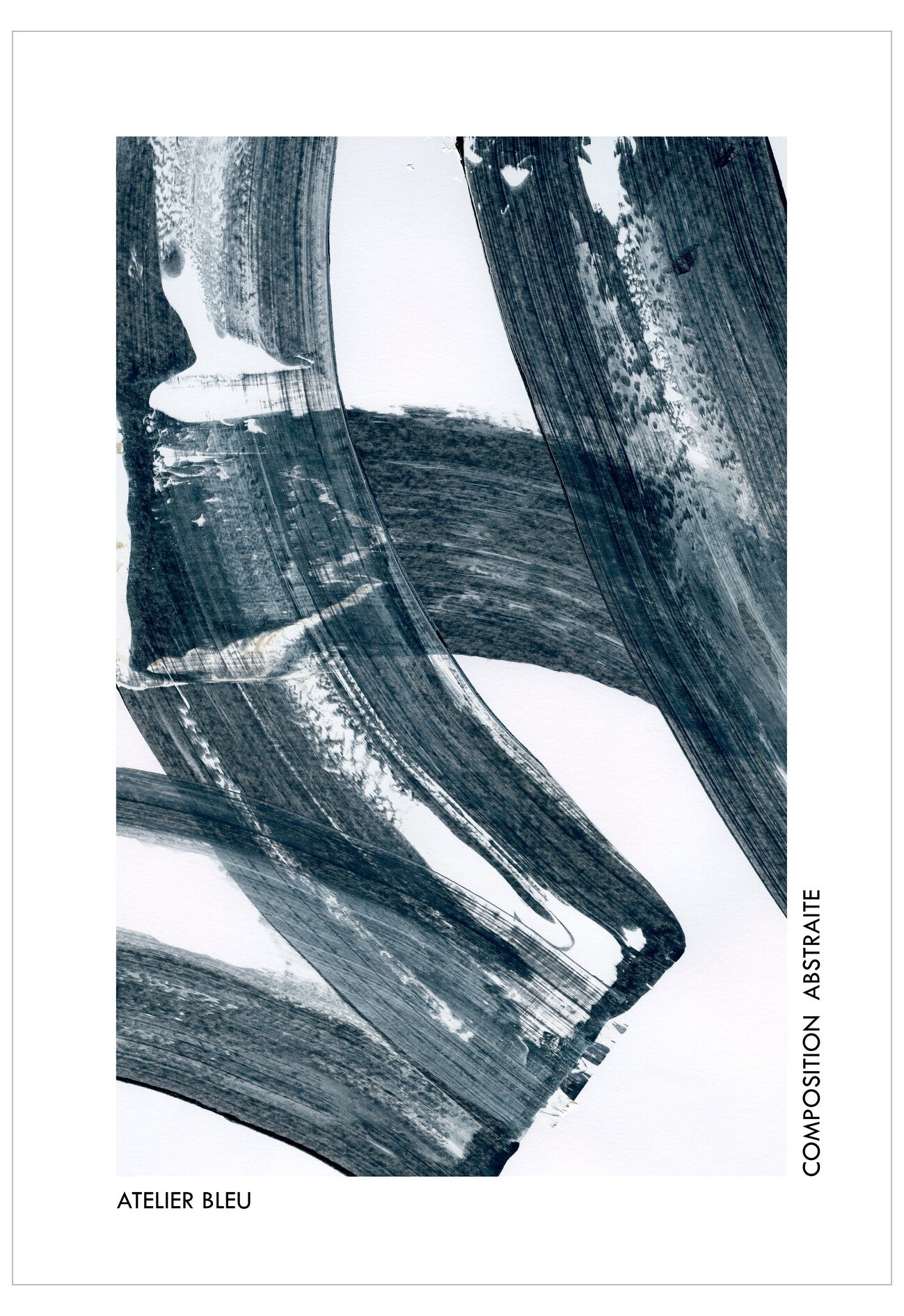 Abstract art with black and white brush strokes on a white background, featuring the brand 'Atelier Bleu'.