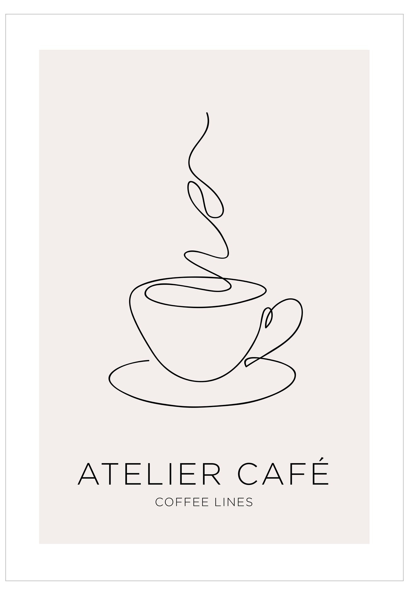 Line art of a coffee cup and saucer with 'Atelier Cafe' text on a light background