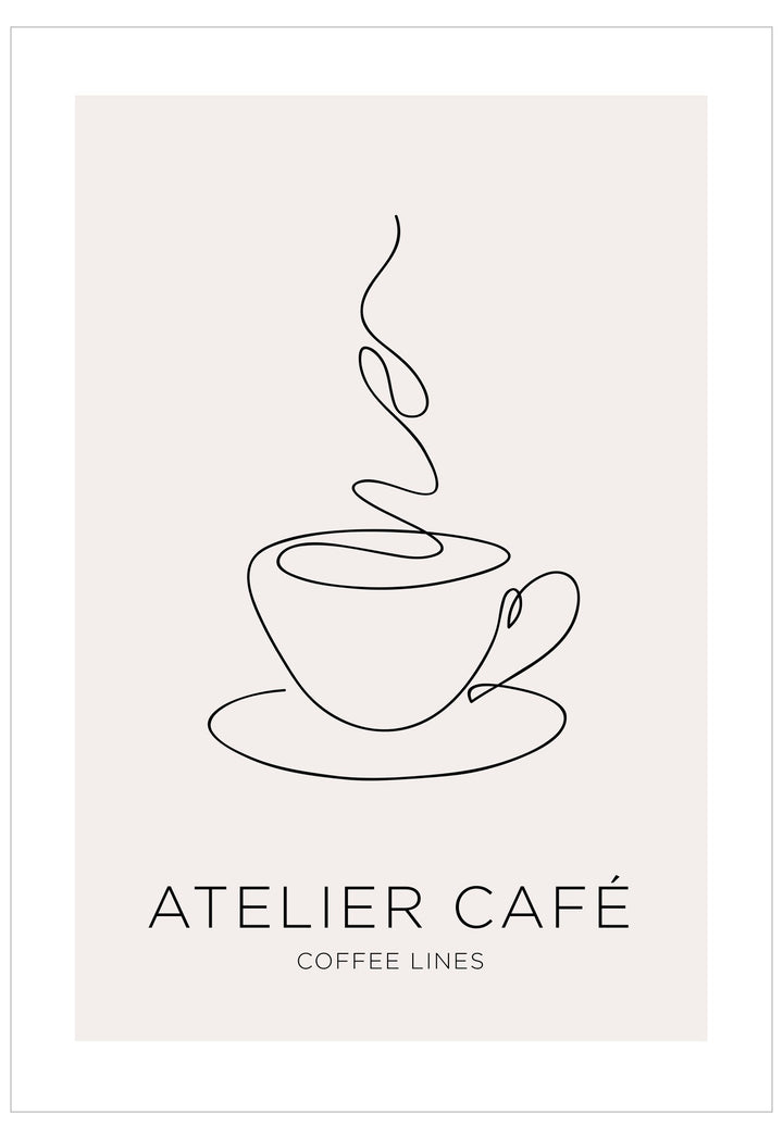 Line art of a coffee cup and saucer with 'Atelier Cafe' text on a light background