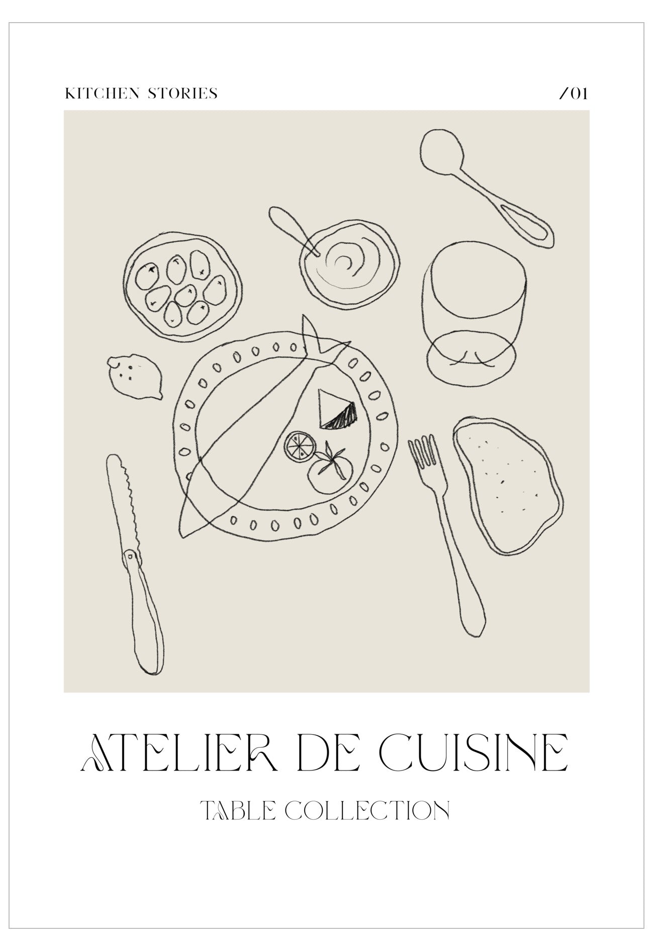 Illustration of a table setting with cutlery and dishes on a beige background, featuring the text 'Atelier de Cuisine Table Collection'.