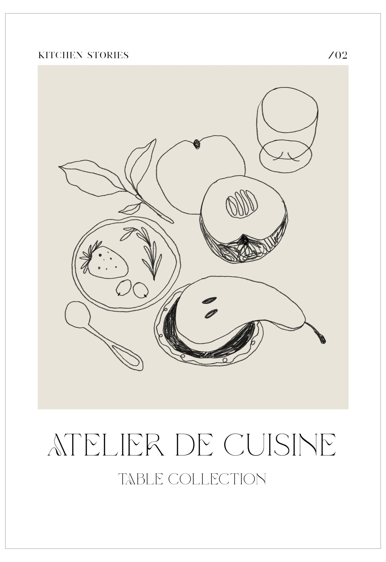 Illustration of fruits and tableware on a beige background with 'Atelier de Cuisine' text.