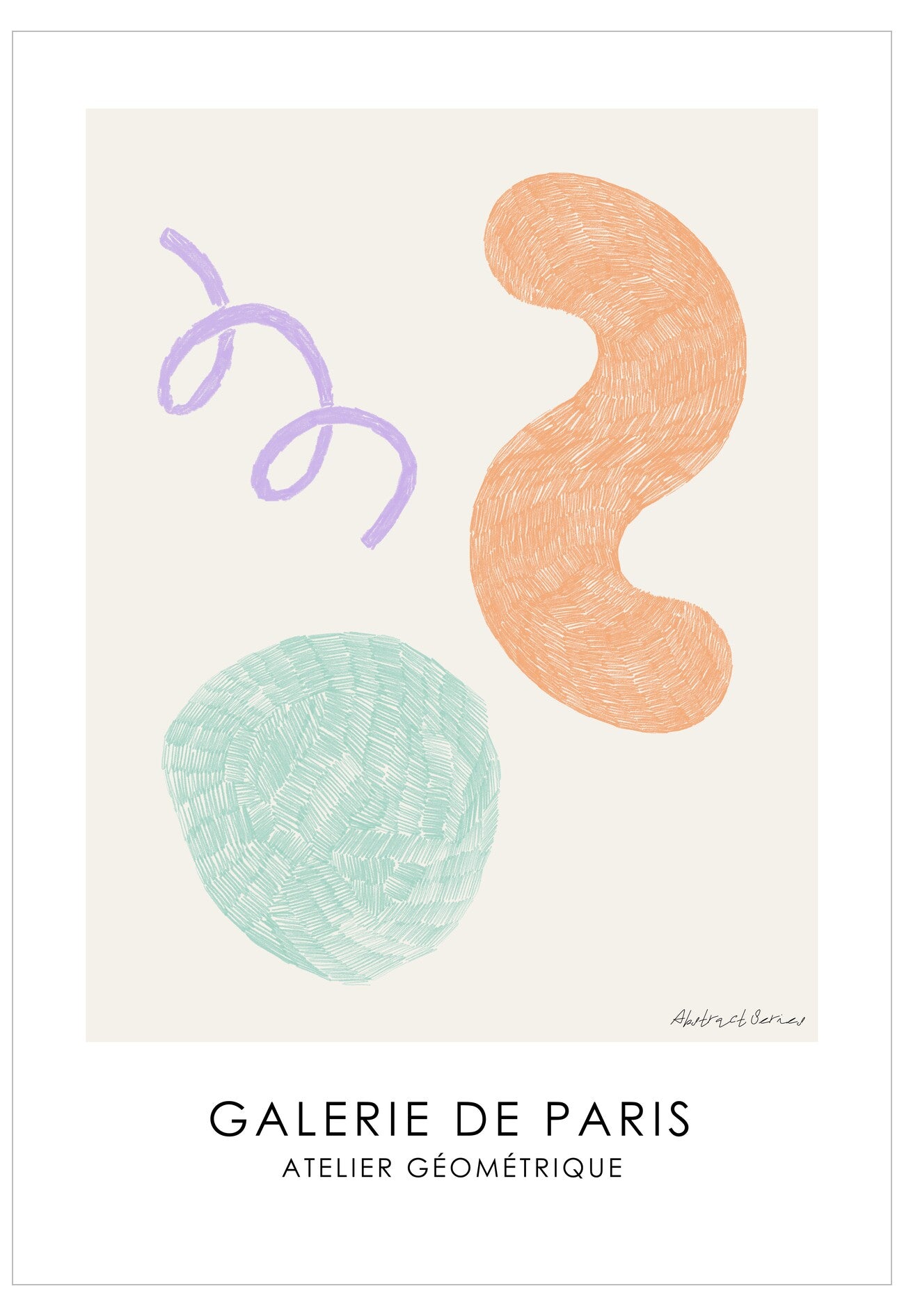Abstract art print with colorful shapes on a beige background, featuring 'Galerie de Paris' at the bottom.