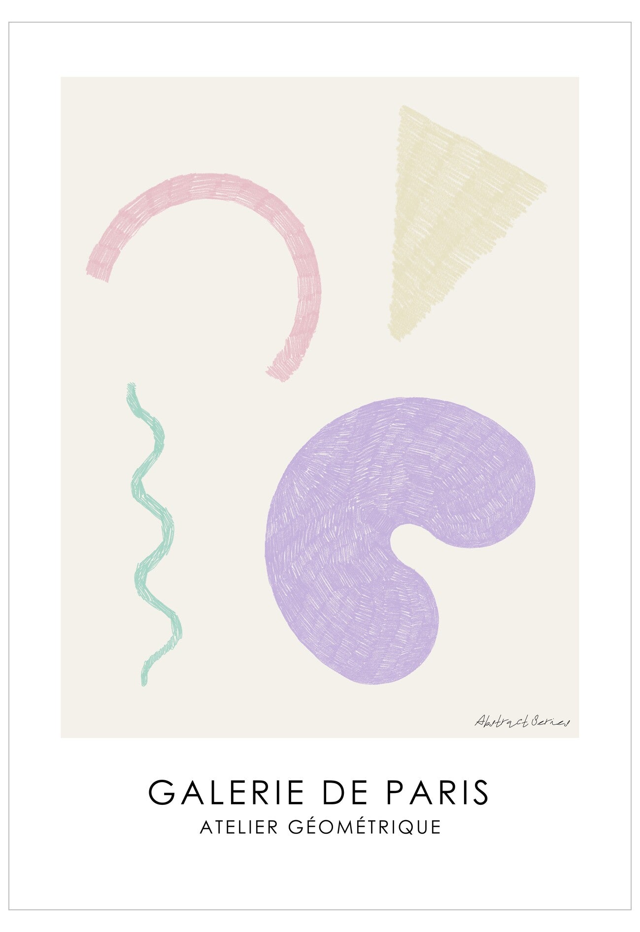 Abstract art print with geometric shapes on a white background, featuring the text 'Galerie de Paris' and 'Atelier Géométrique'.