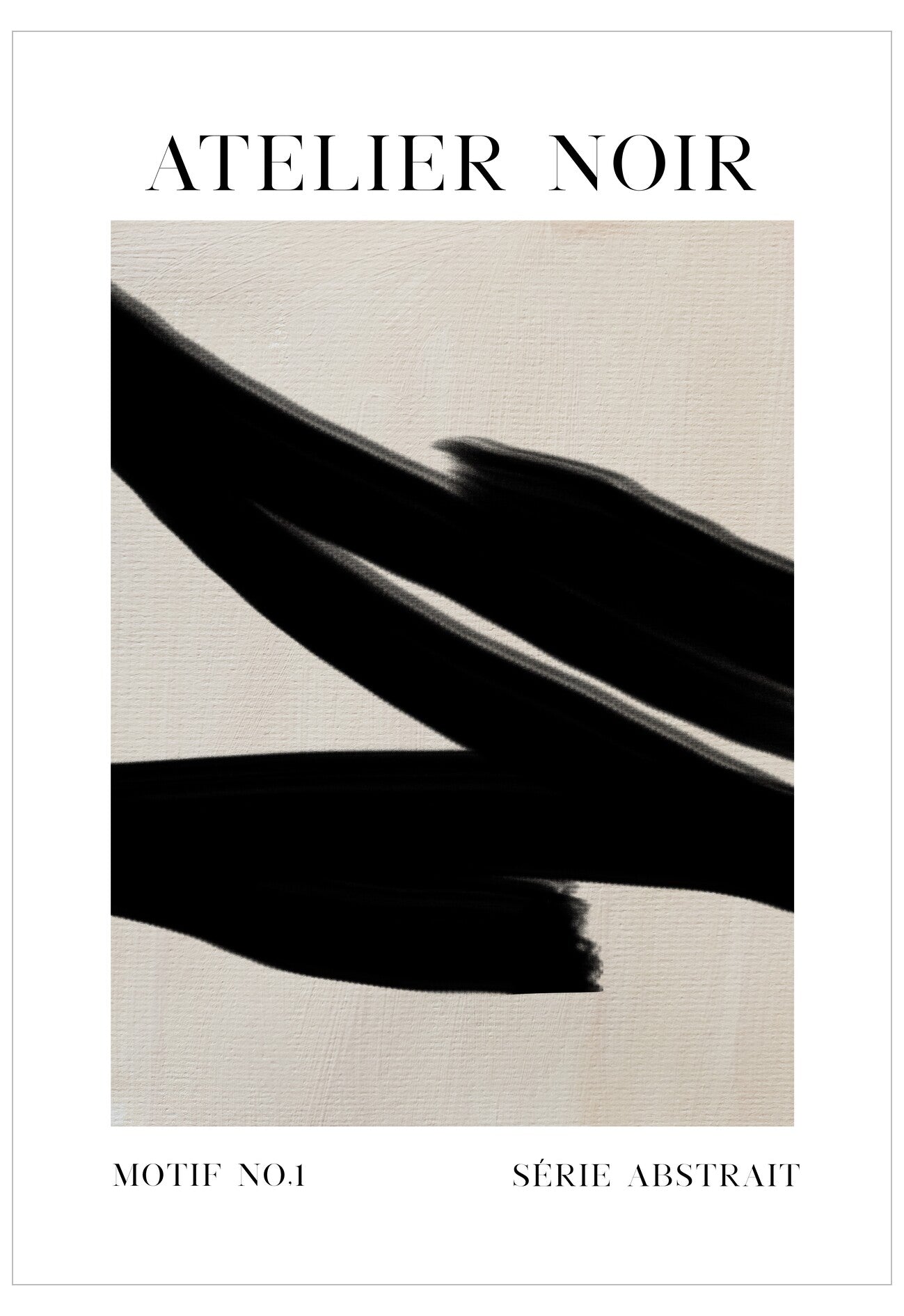Abstract art with black and white shapes on a textured beige background, featuring 'Atelier Noir' branding.