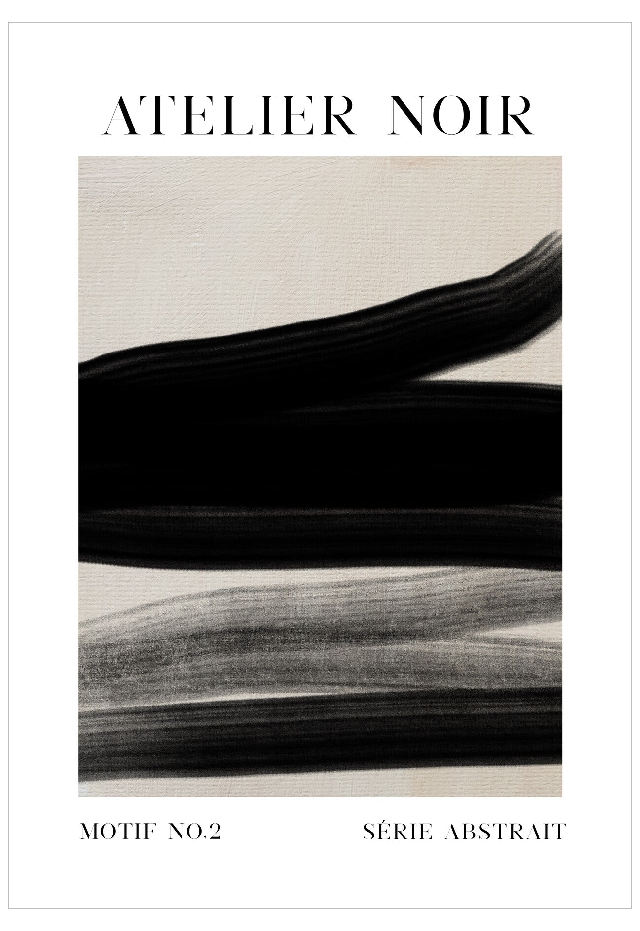 Abstract art with black and gray brush strokes on a white background, featuring 'Atelier Noir' branding.