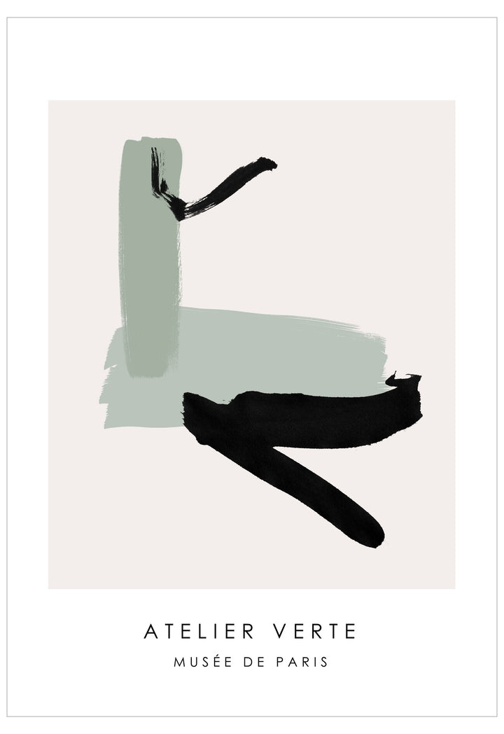 Abstract art piece with green and black shapes on a light background, featuring 'Atelier Verte' and 'Musèe de Paris'.