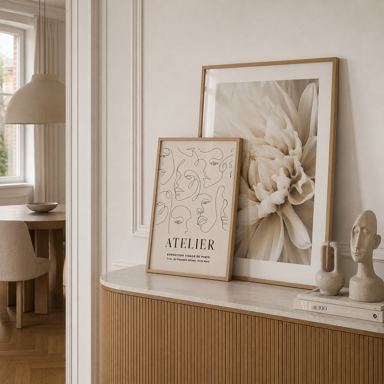 abstract neutral line art in stylish home