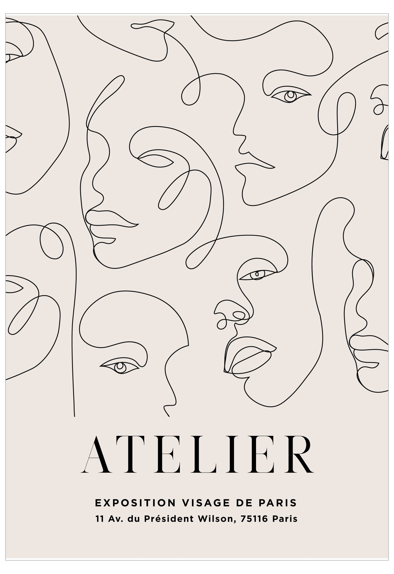 Abstract line art of faces on a beige background with 'Atelier' text.