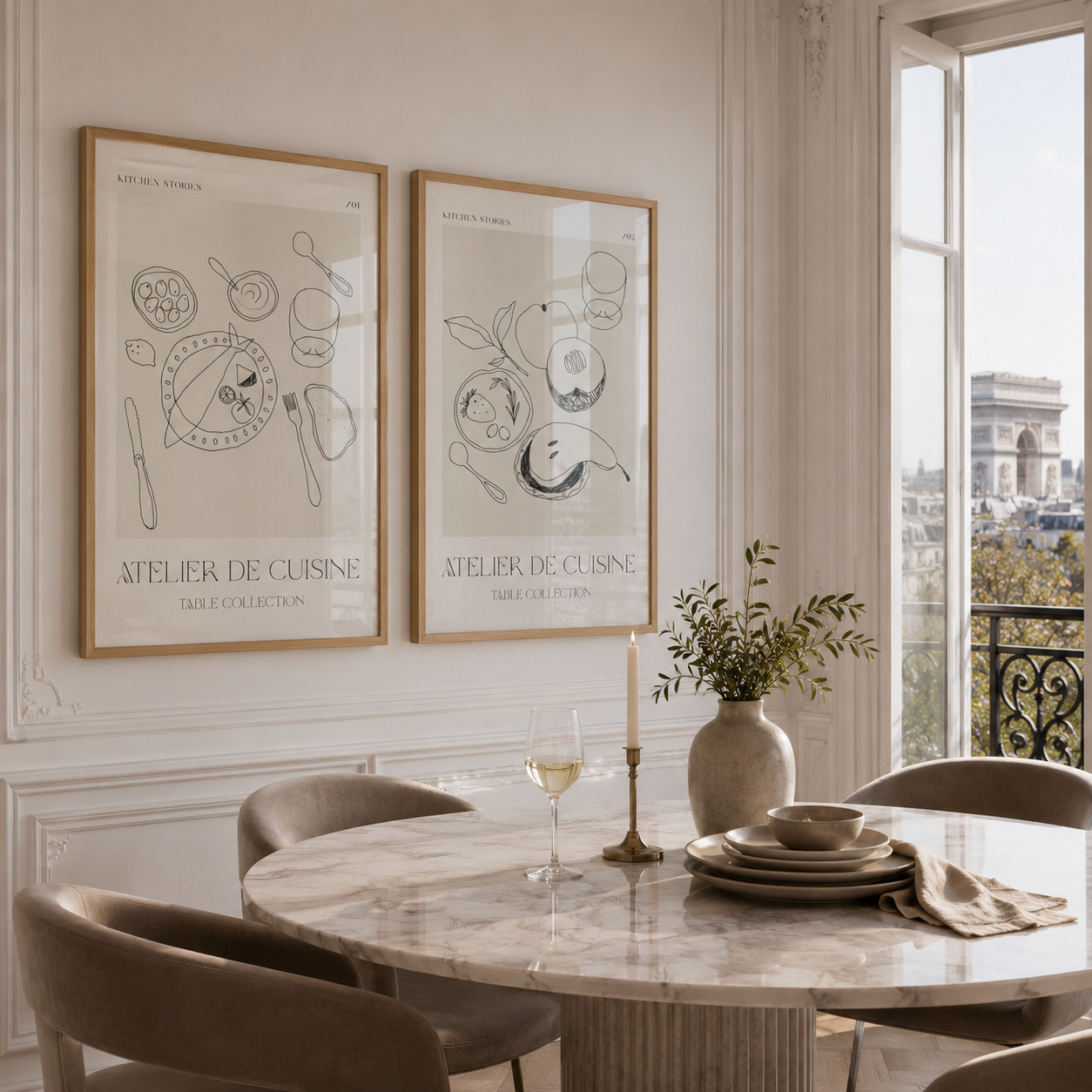 Elegant dining room with marble table, chairs, and wall art.