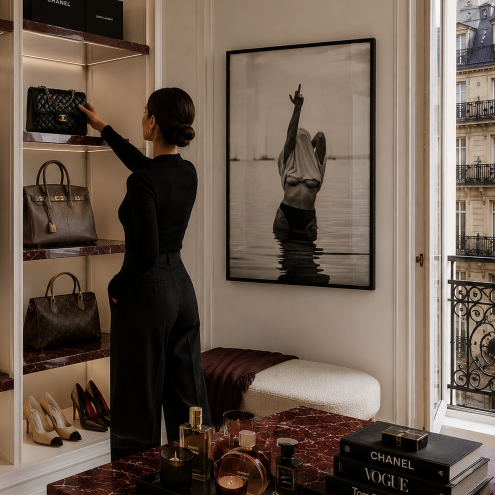 Woman in a stylish room with shelves of handbags, a table with perfume bottles, and a large window.