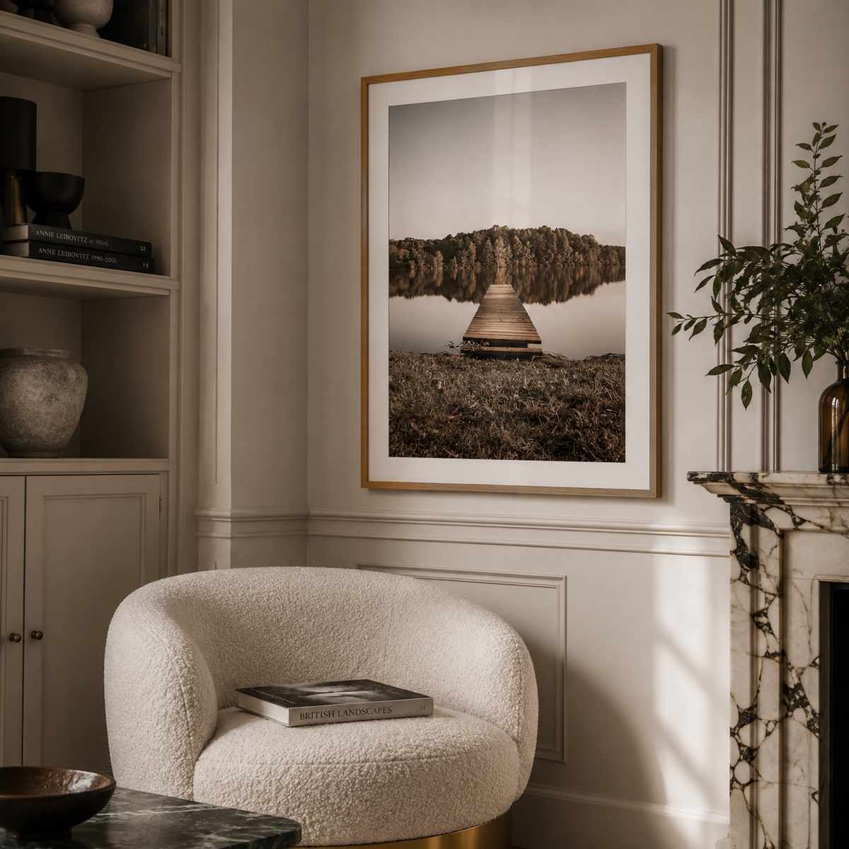 Autumnal dock photography poster in luxury london living room