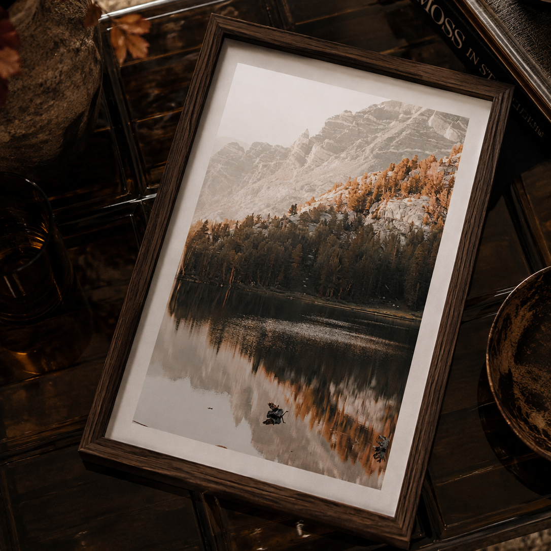 Poster of an autumn lake in a dark wood poster frame