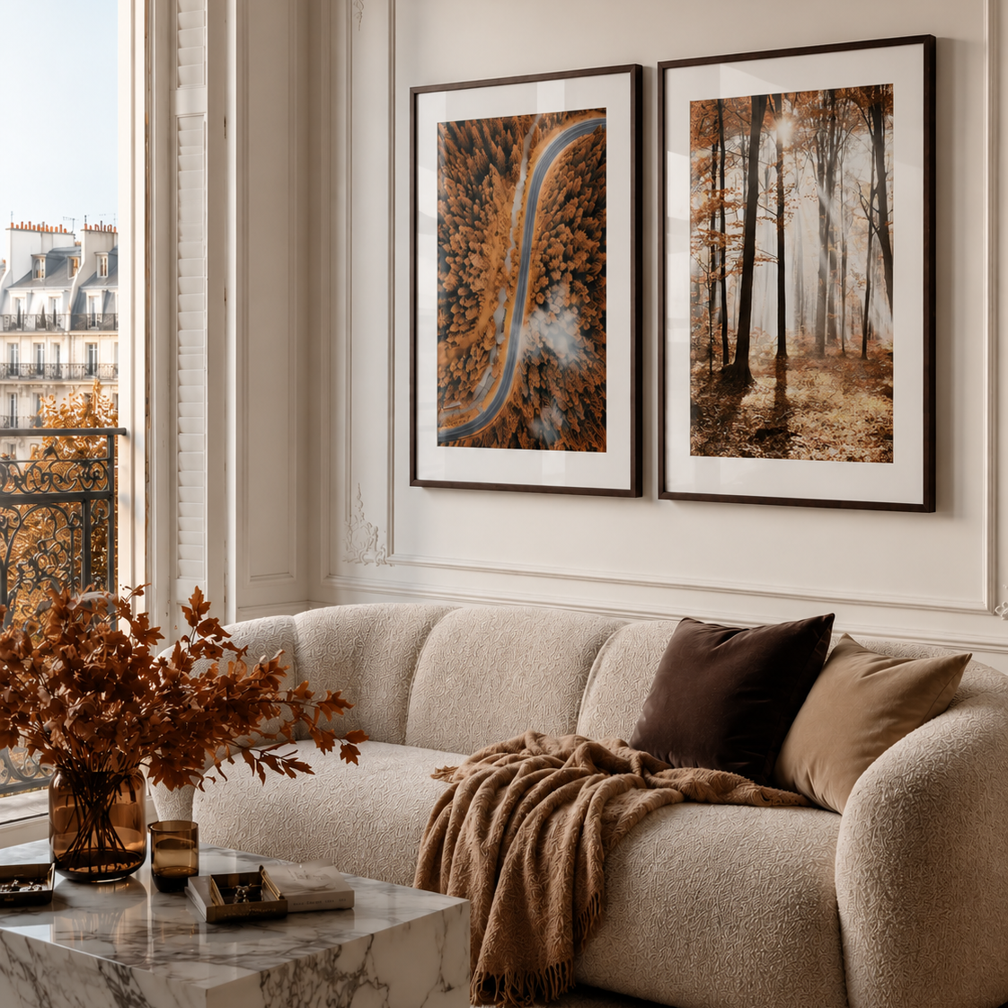 A styled living room interior with a cream boucle sofa, brown throw blanket, marble coffee table, and two framed wall art prints hanging above the couch. The prints depict abstract and forest scenes in warm autumn tones.
