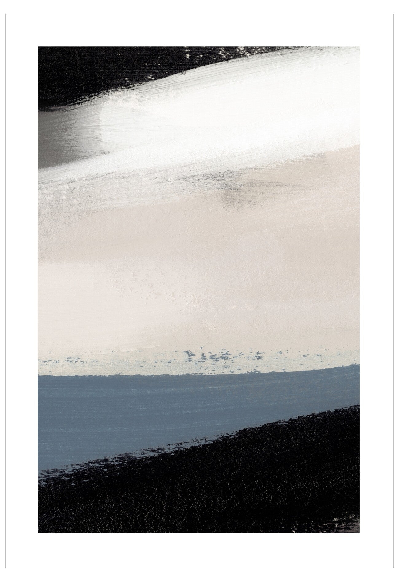 Abstract art piece with horizontal brush strokes in black, white, and gray.