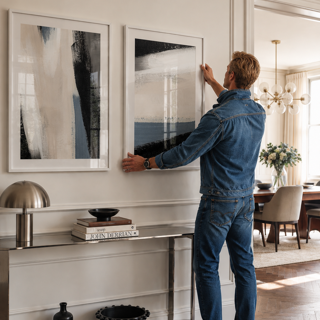 blue and neutral luxury wall art in london hallway