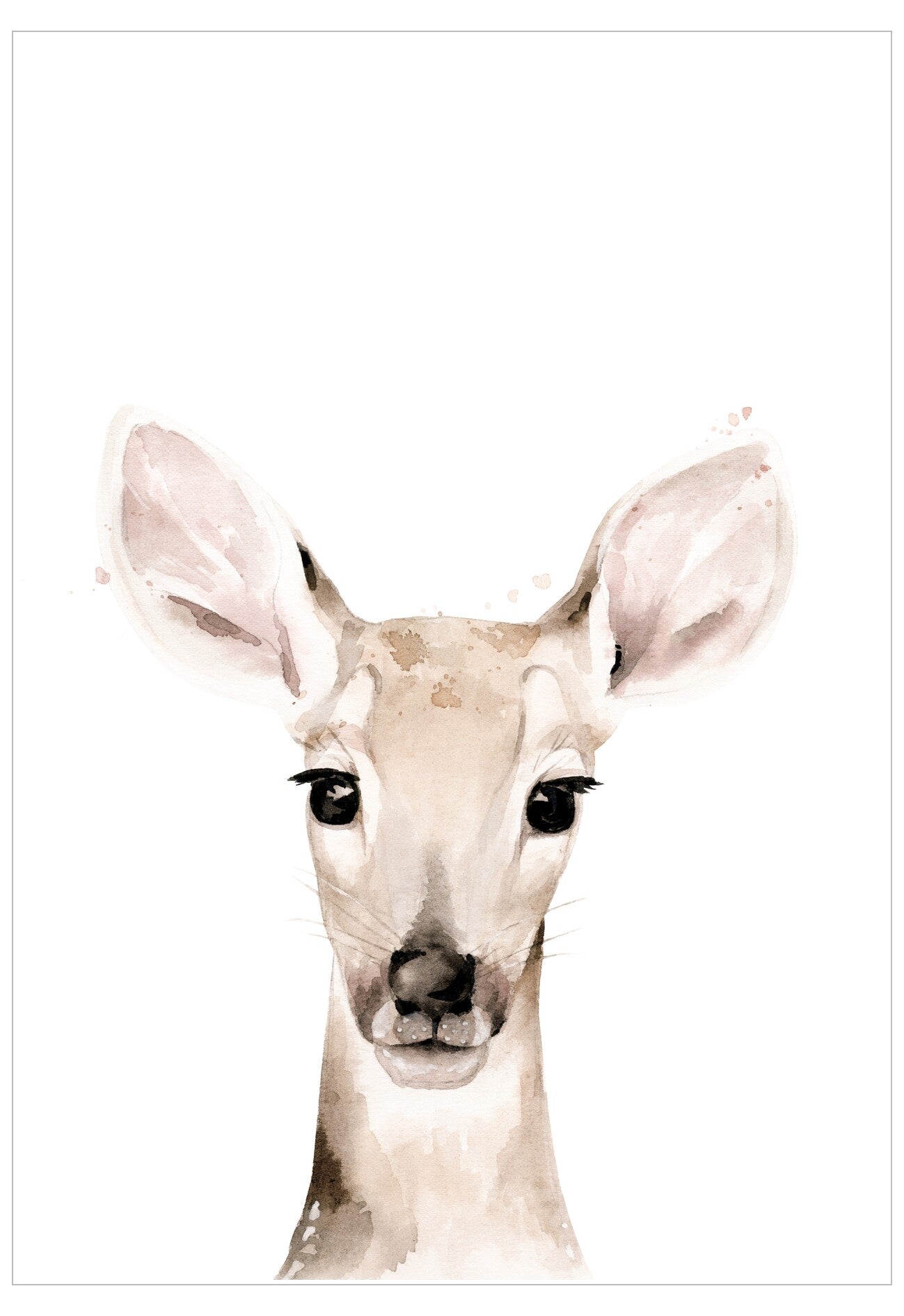 Watercolor painting of a deer's face on a white background