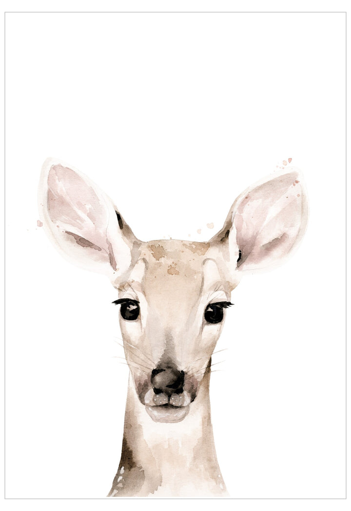 Watercolor painting of a deer's face on a white background
