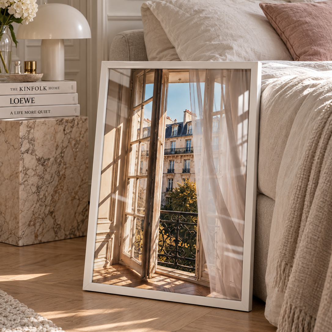 Parisian Morning art print featuring open French windows, sheer curtains and a sunlit view of classic Parisian architecture and wrought-iron balconies.