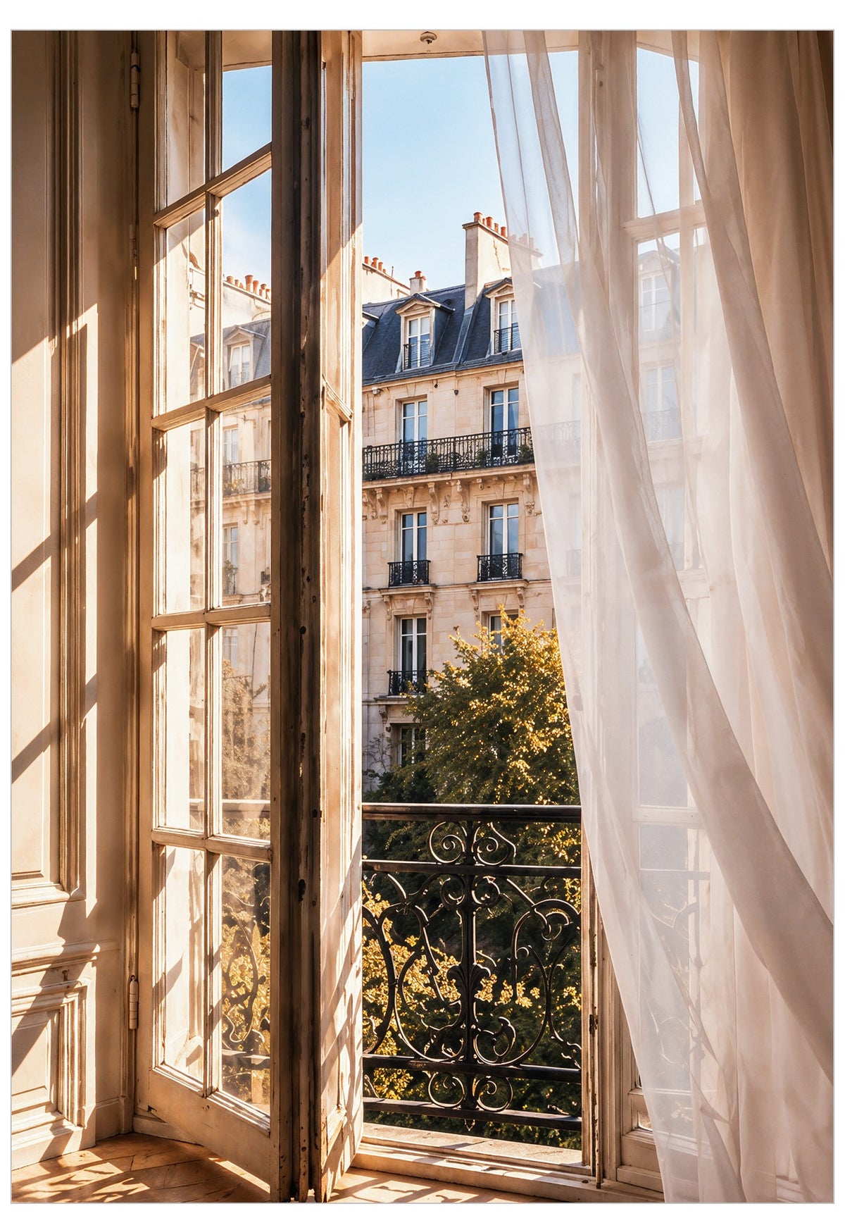 Parisian Morning art print featuring open French windows, sheer curtains and a sunlit view of classic Parisian architecture and wrought-iron balconies.