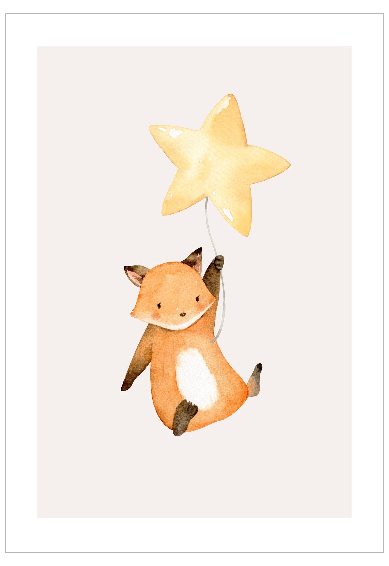Illustration of a fox holding a star-shaped balloon on a white background