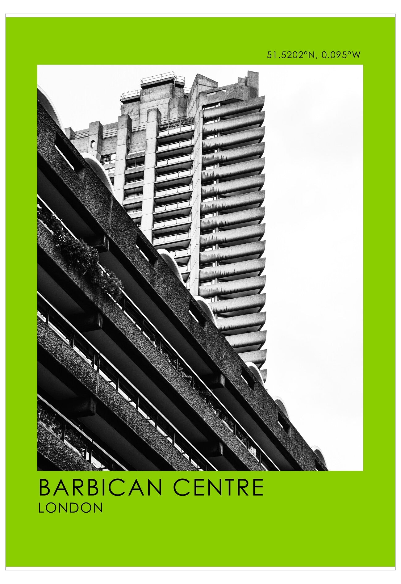 Barbican Centre in London with a green border and coordinates.