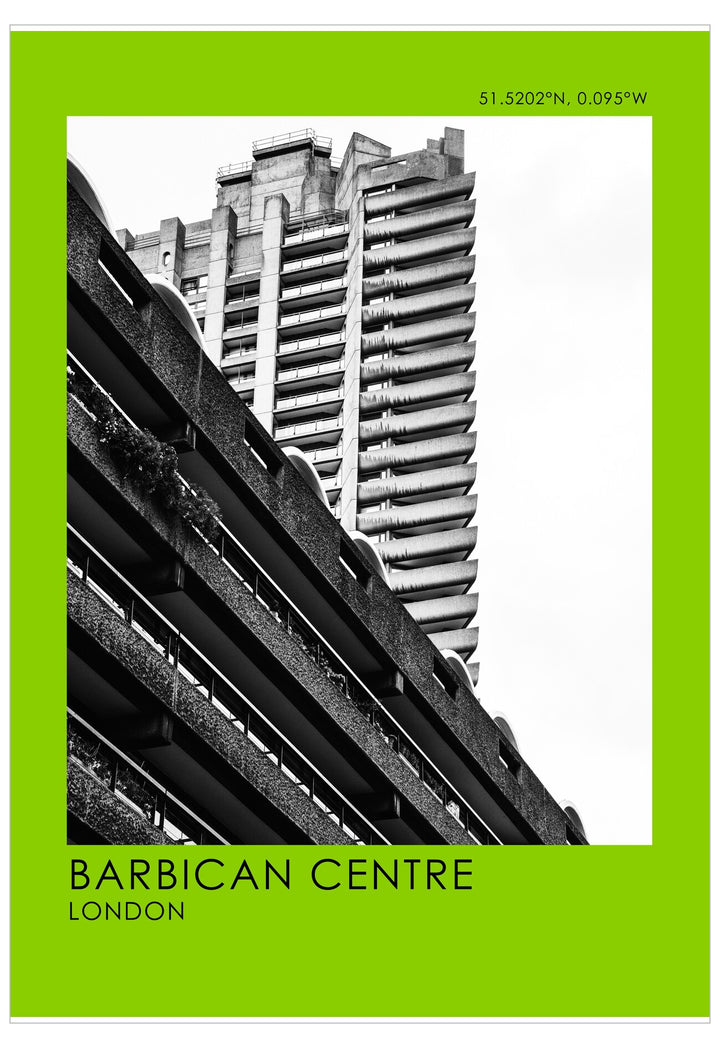Barbican Centre in London with a green border and coordinates.