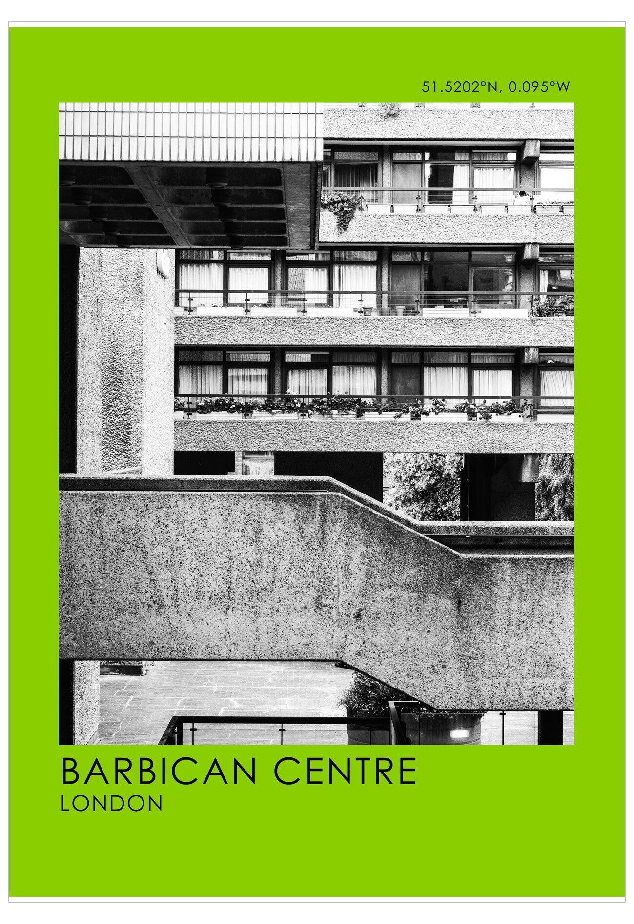 Black and white photo of the Barbican Centre with a green border and text overlay.