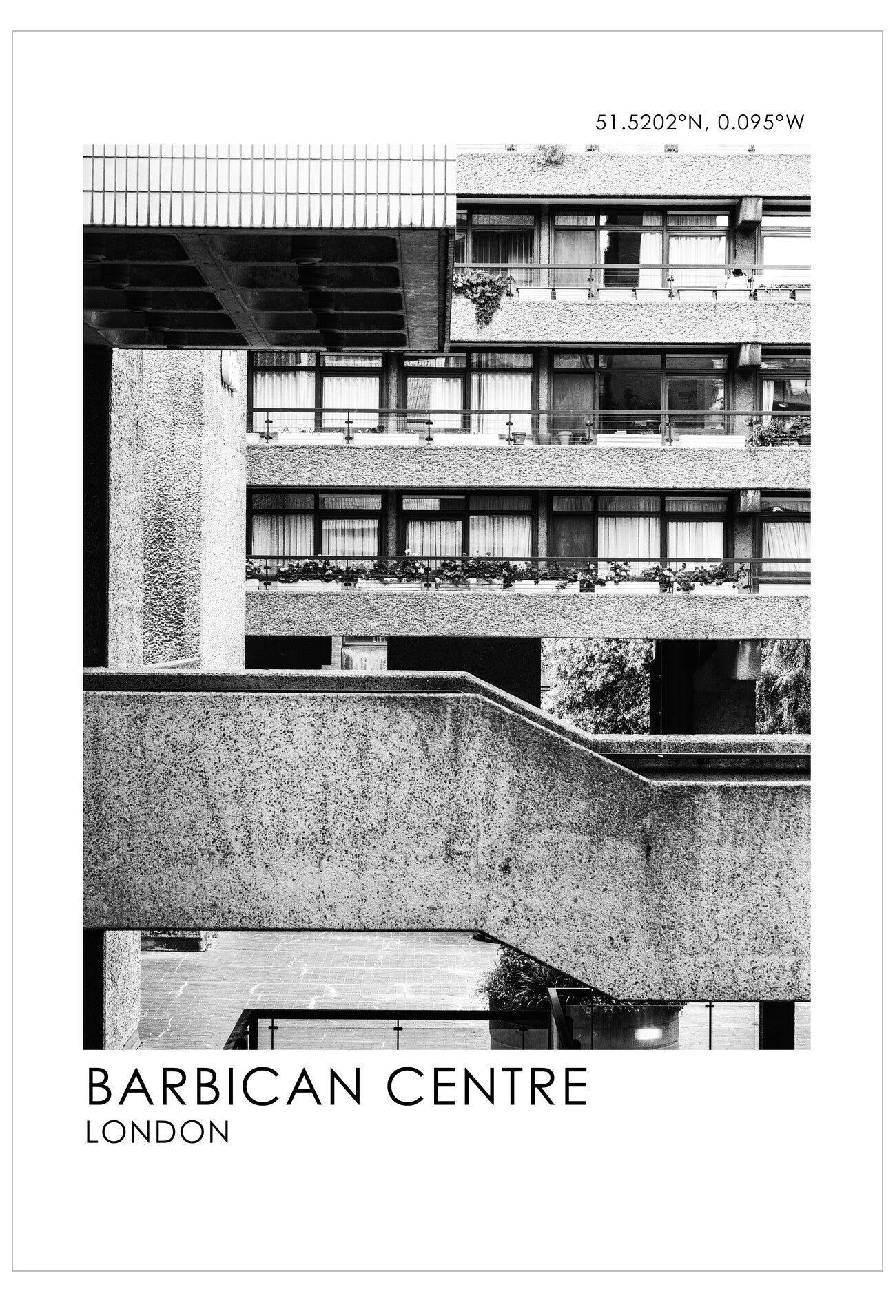 Black and white image of the Barbican Centre in London with architectural details.