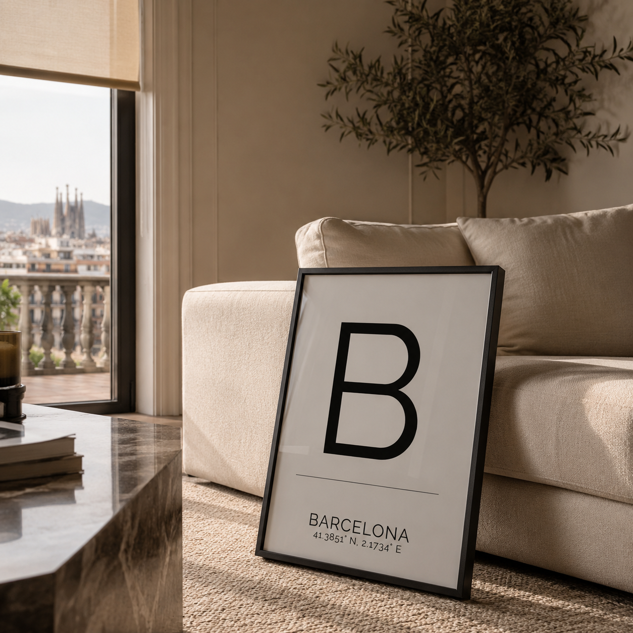 A framed vertical art print featuring a large black letter 'B' and the text 'BARCELONA' with coordinates, leaning against a beige sofa in a modern living room.