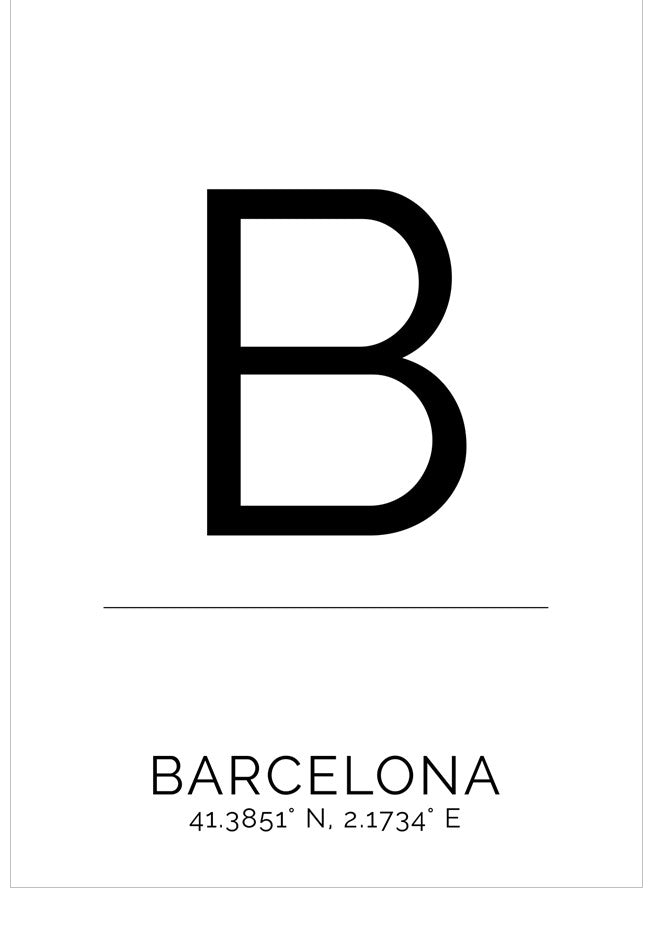 Black letter 'B' on a white background with text 'BARCELONA 41.3851° N, 2.1734° E'.