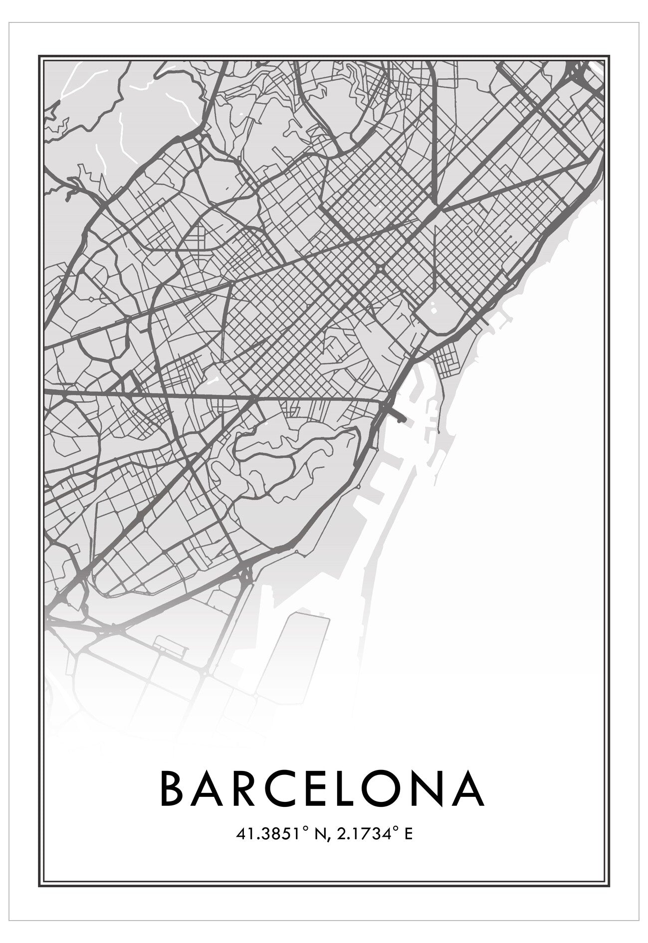 Black and white map of Barcelona with coordinates