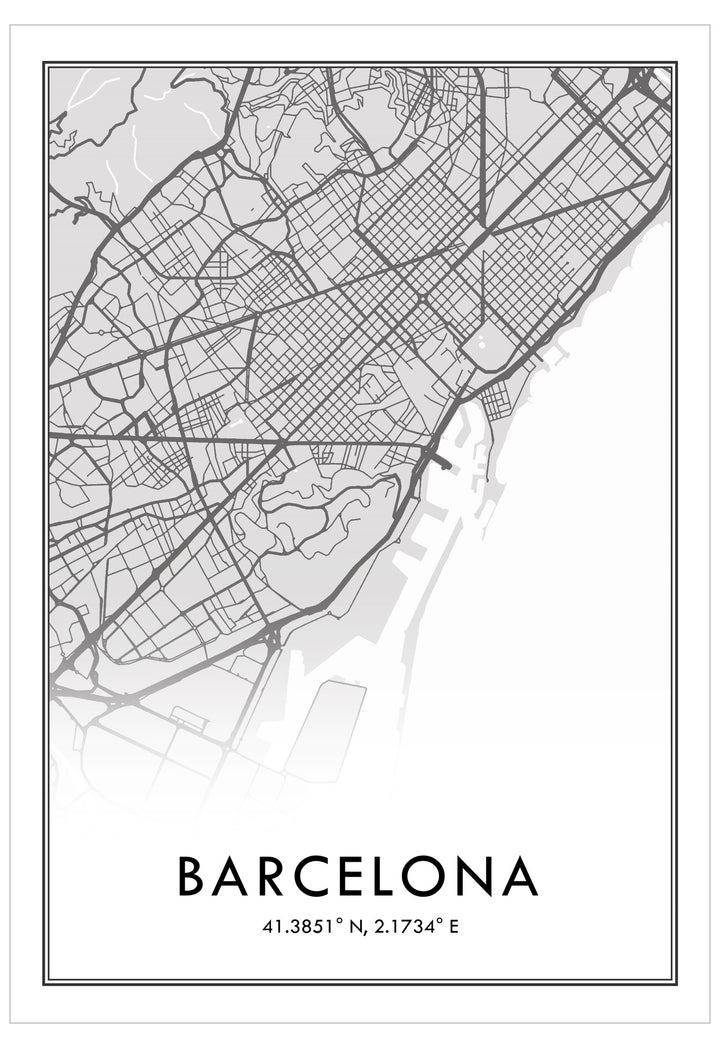 Black and white map of Barcelona with coordinates