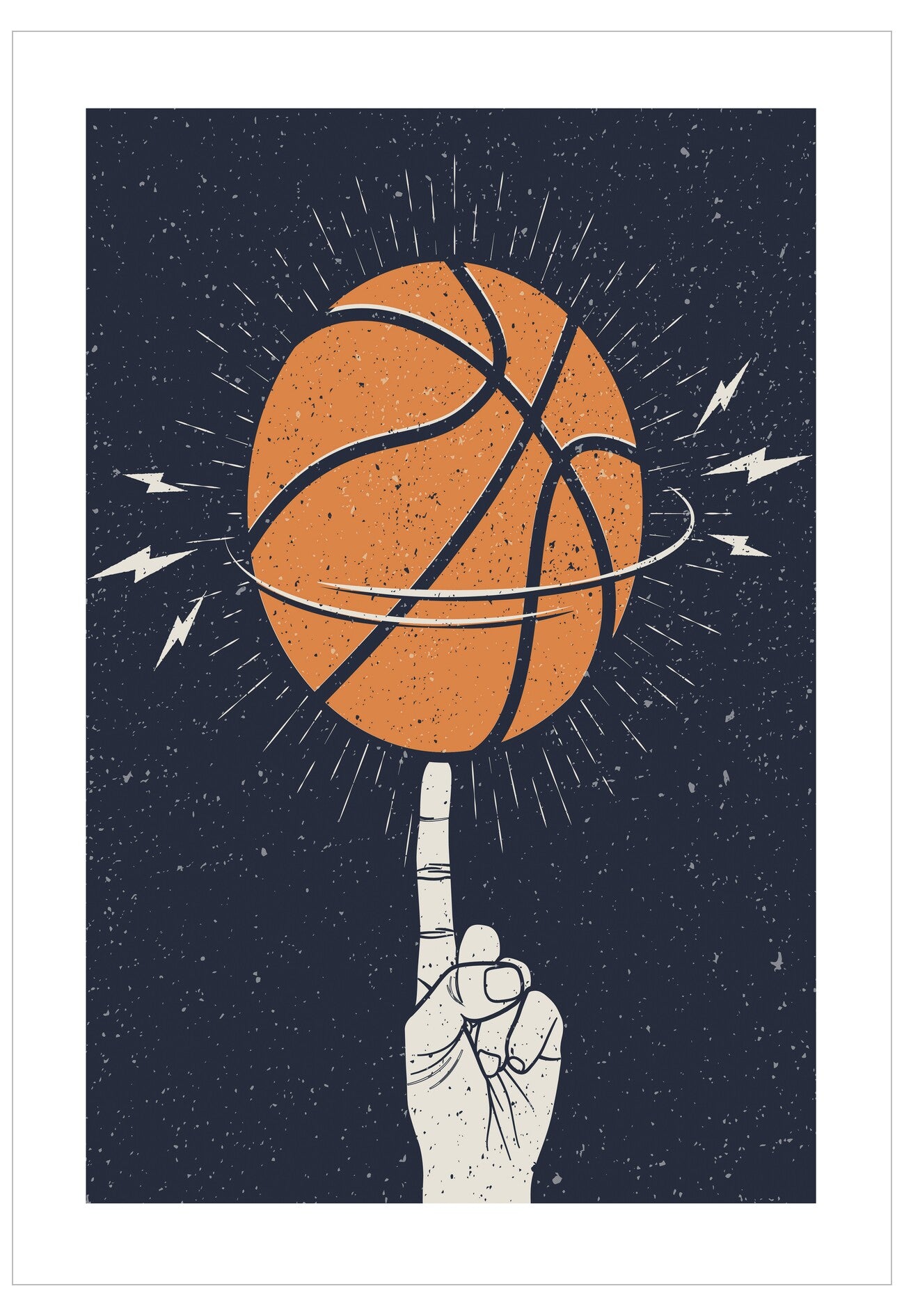 Illustration of a hand with a finger pointing at a basketball against a dark background